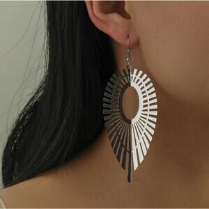 Drop Earrings Geometric Dark Pewter White Silvertone Dangle Festival Lightweight